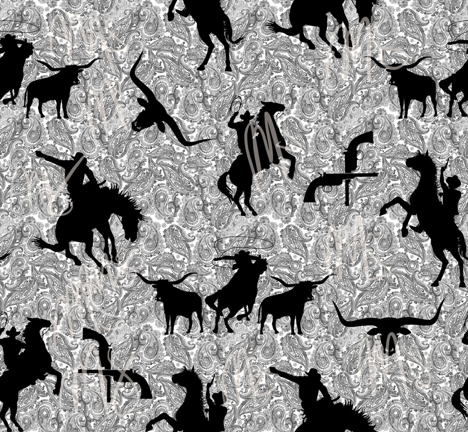 BLACK AND GREY PAISLEY ROPING PRINT 36X36