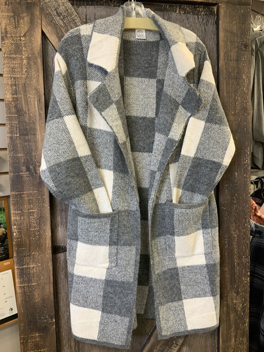 LADIES PLAID COATIGAN W/FRONT POCKETS CHARCOAL 63066 L/Xl