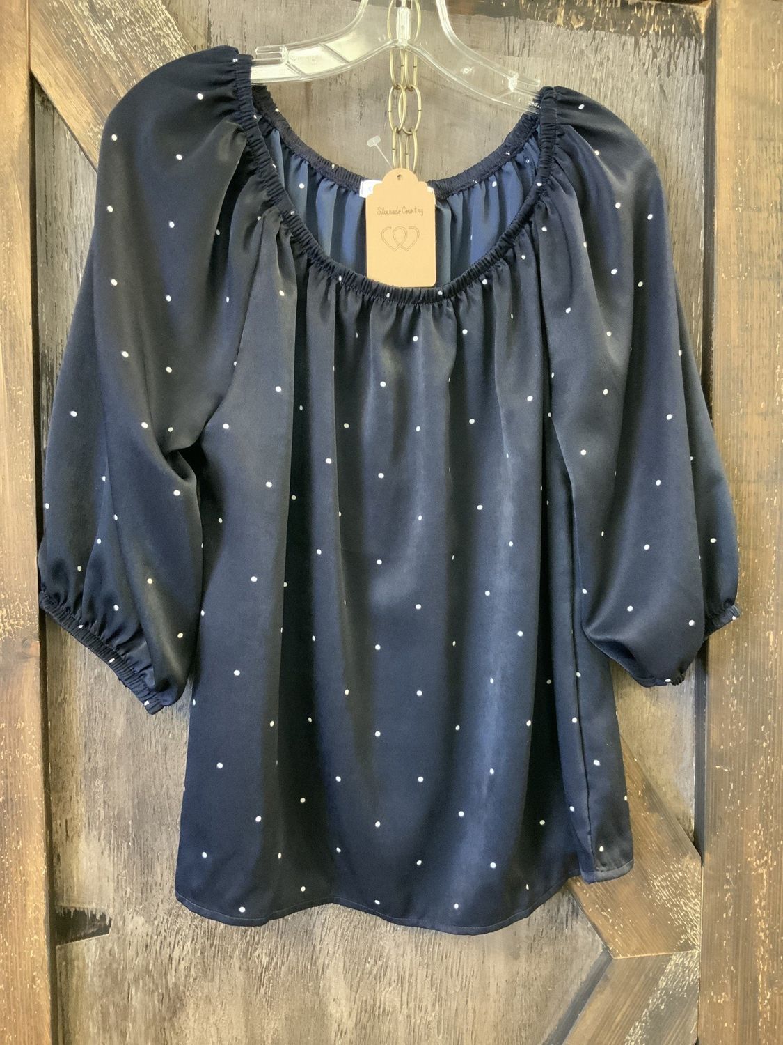 CHRIS  &amp; CAROL  NAVY W/WHITE SPOTS TOP Med