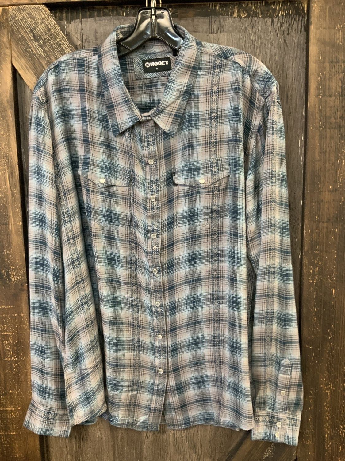 HOOEY LADIES BLUE/GREY PLAID FLANNEL SHIRT  XL
