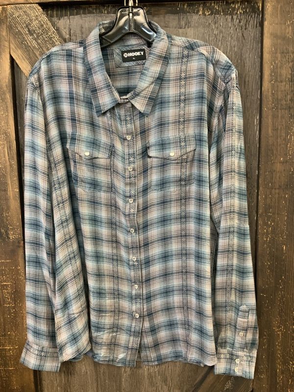 HOOEY LADIES BLUE/GREY PLAID FLANNEL SHIRT  XL