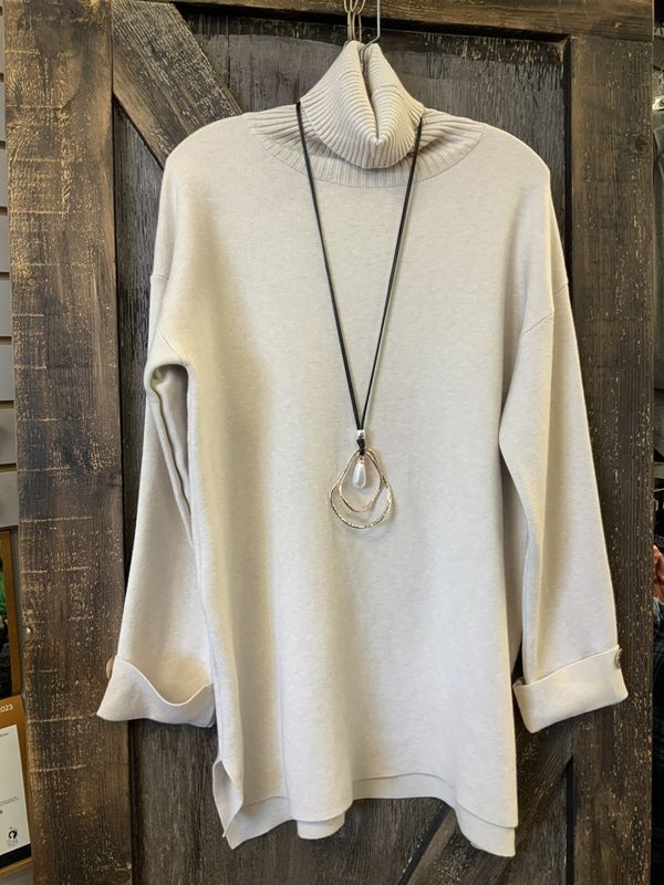 LADIES CASUAL TURTLE NECK LONG SWEATER W/CUFF BUTTON BEIGE 65003 S/M