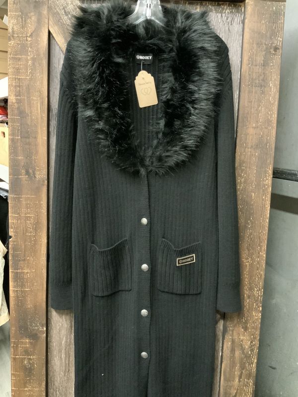LADIES HOOEY LONG SWEATER W/FUR COLLAR BLACK Lrg