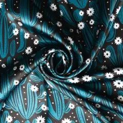 CACTUS WITH DAINTY FLOWERS TEAL/BLACK WESTERN PRINT WILD RAG, Size: 18 x 18