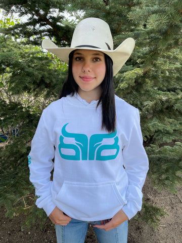 BAREDOWN BRAND COW POKE WHITE WITH TURQUOISE HOODIE, Size: L