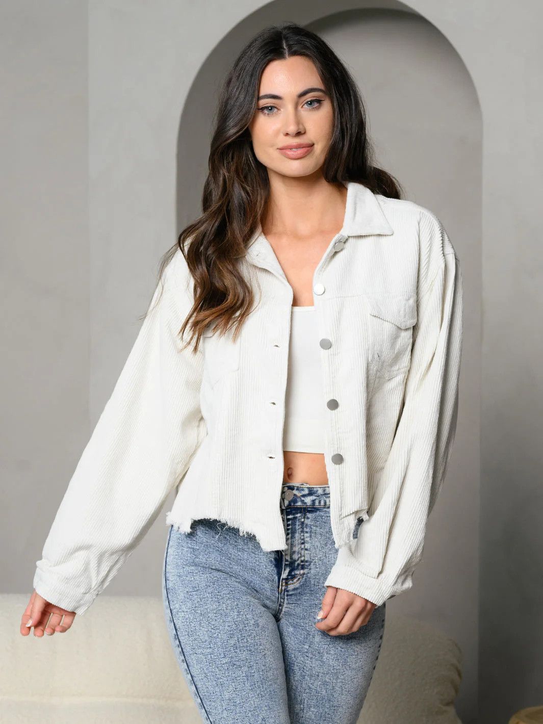 WOMEN’S LONG SLEEVE BUTTON UP FRONT POCKETS CORDUROY JACKET, Color: Ivory, Size: Sm