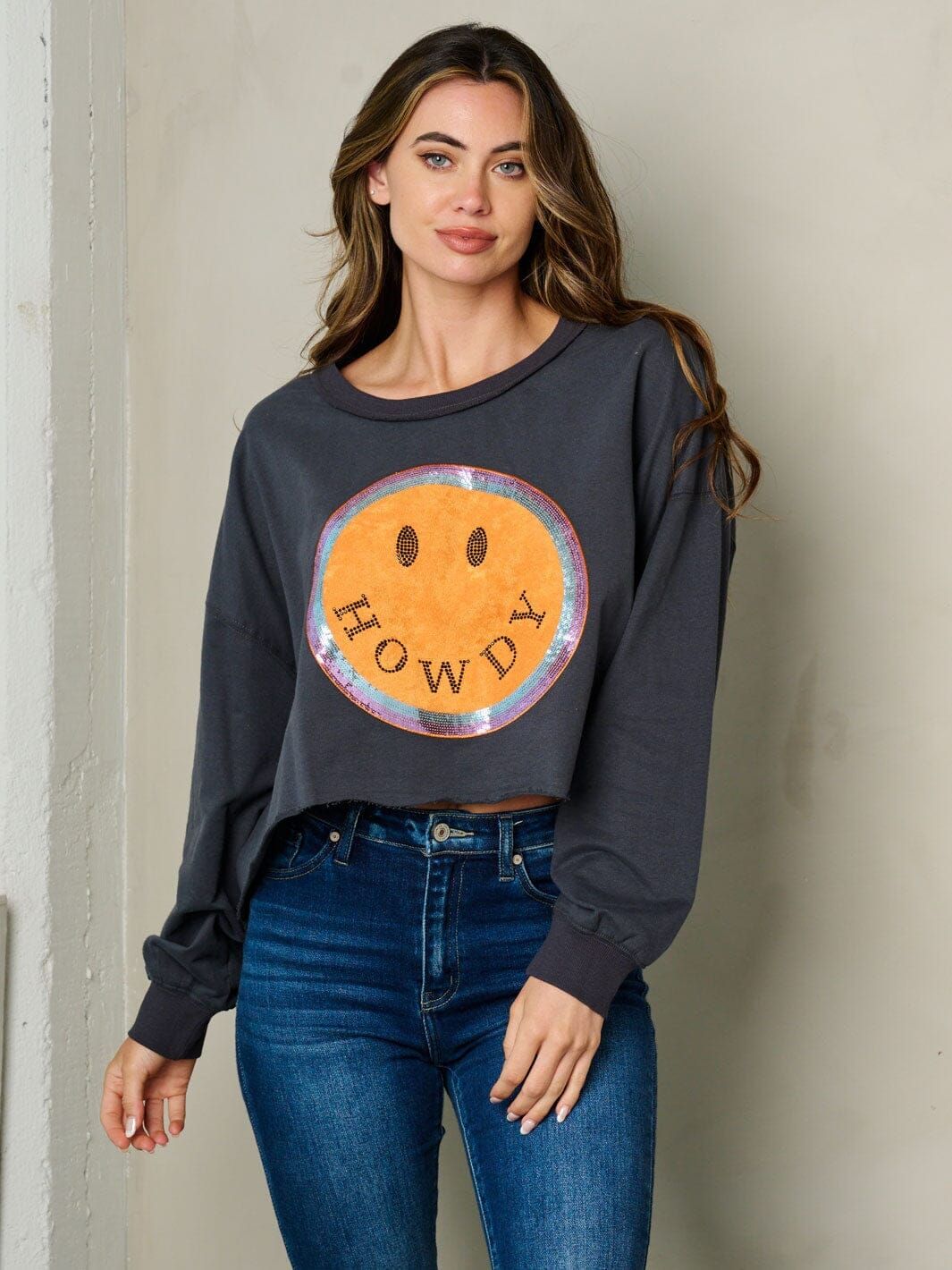 WOMEN’S LONG SLEEVE GRAPHIC SEQUINS DETAILED , Color: Charcoal, Size: Sm