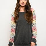 LADIES L/S ANIMAL PRINT SOLID TOP, Color: Charcoal/Multi, Size: S