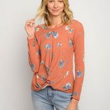 LADIES L/S FLORAL FRONT KNOT TOP, Color: Rust, Size: S