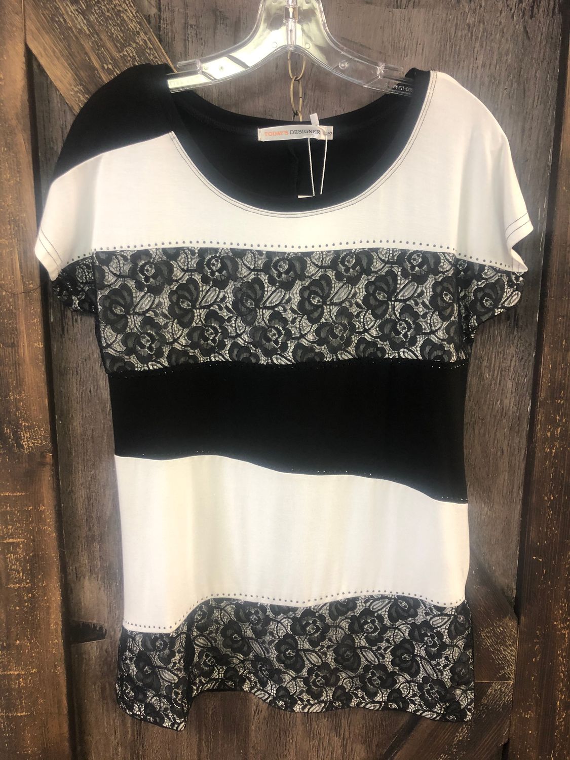 LADIES BLACK/CREAM TOP WITH LACE TD-21104, Size: S