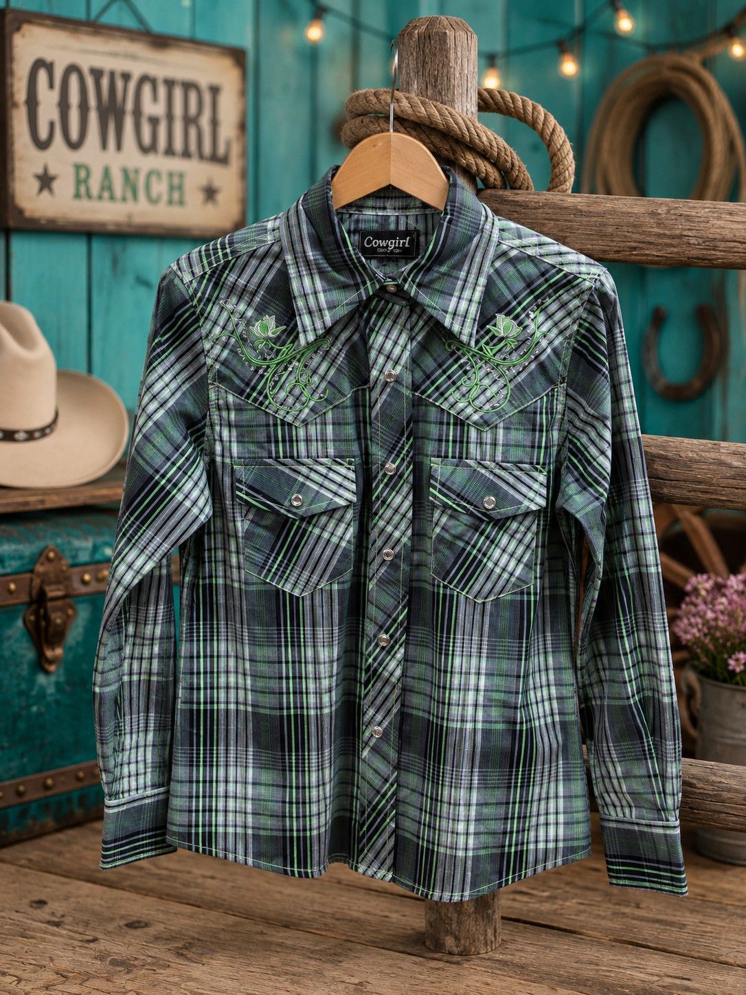 COWGIRL HARDWARE L/S SNAP SHIRT 425250-360, Color: Lime, Size: XS