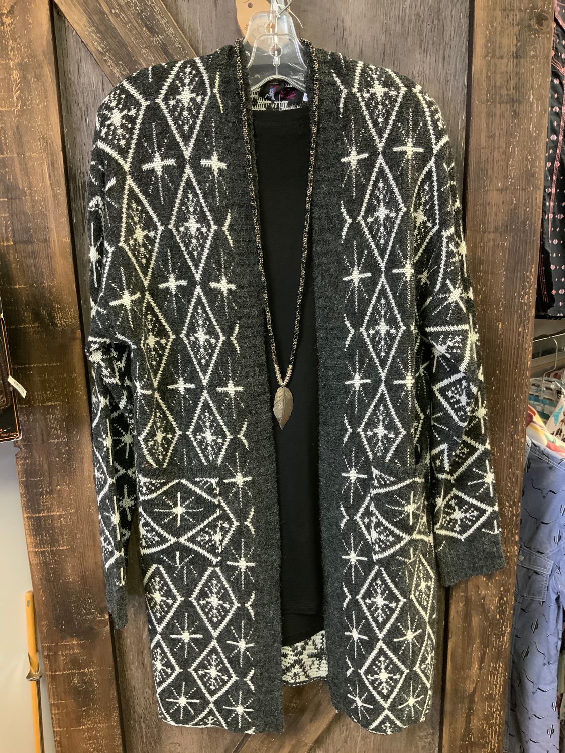 LADIES SWEATER JACKET CHARCOAL/WHITE, Size: One Size