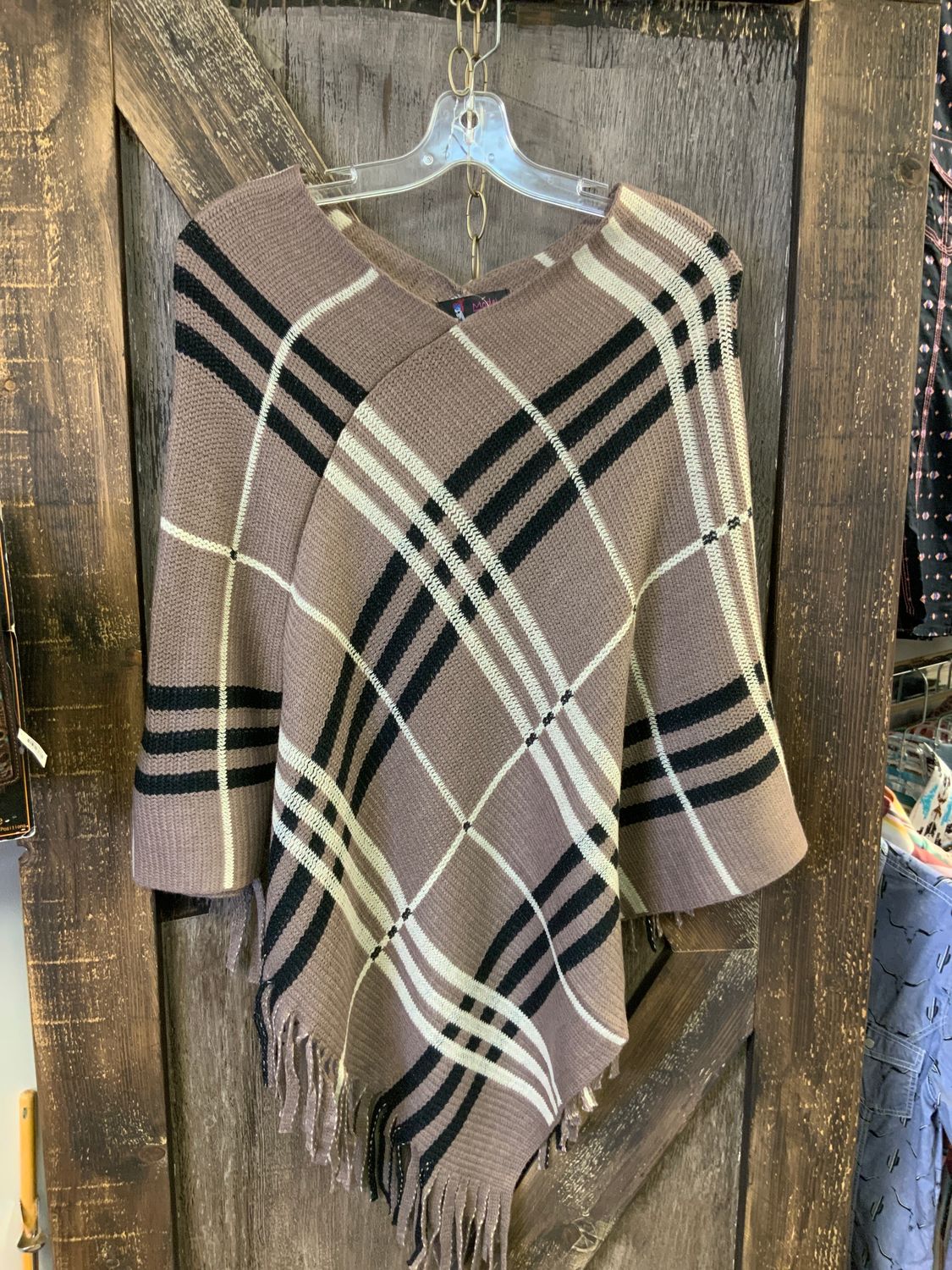 LADIES CHECKERED PONCHO TAUPE, Size: One Size