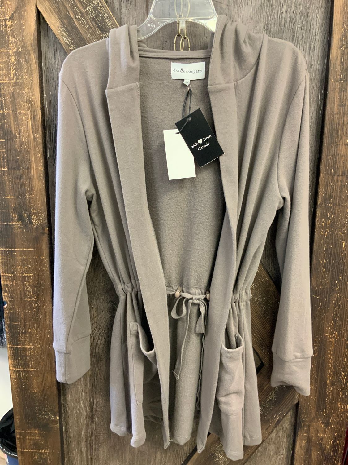 HOODED OPEN CARDIGAN W/DRAWSTRING WAIST FH-908, Color: Taupe, Size: S