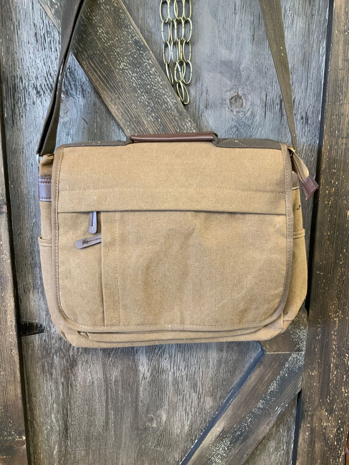 CANVAS CROSSBODY COMPUTER BAG, Color: Tan