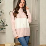 LADIES L/S COLORBLOCK KNIT SWEATER, Color: Mauve/Cream, Size: S