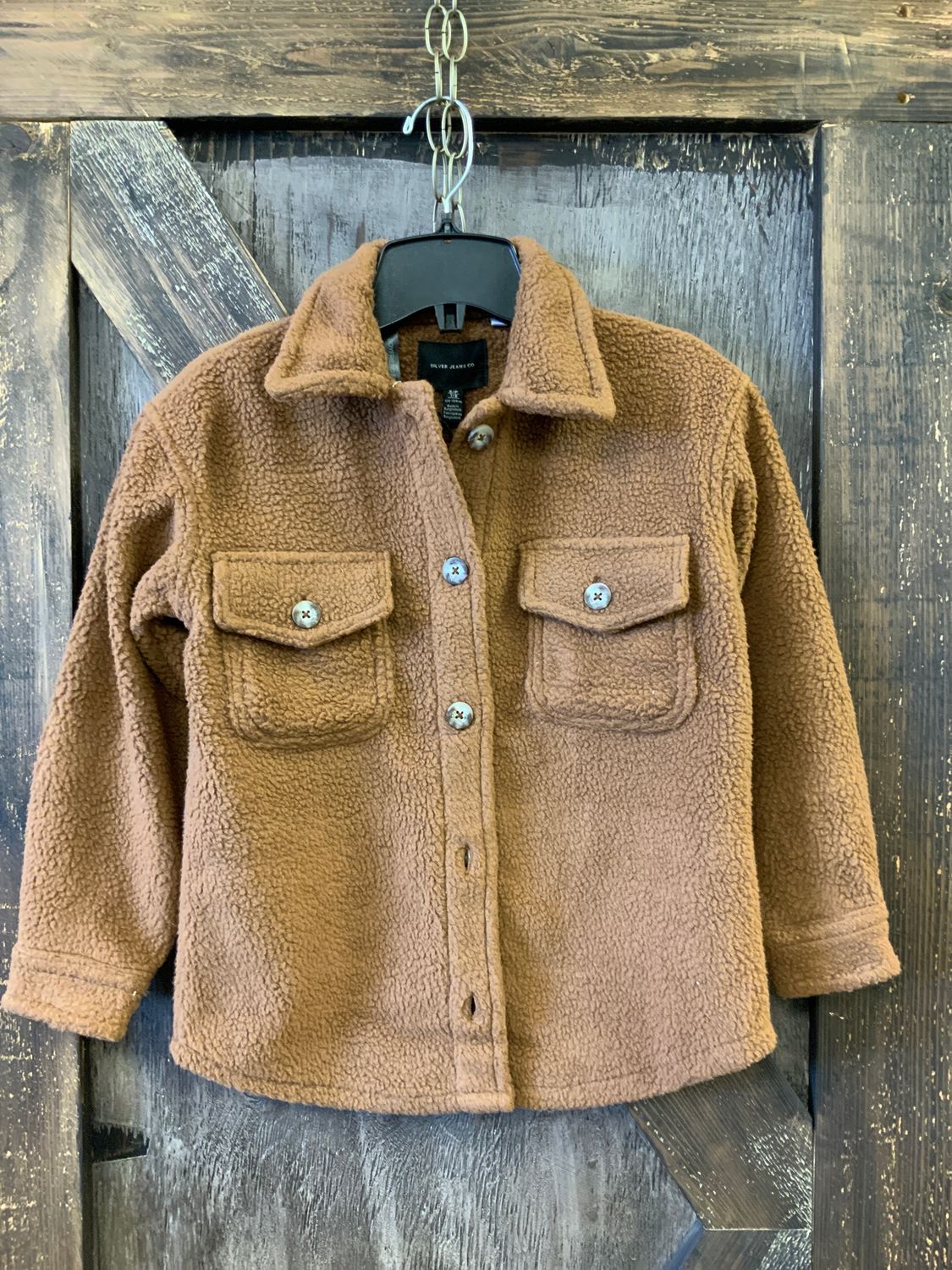 GIRL’S SILVER DARK TAN SHERPA SHIRT JACKET, Size: S