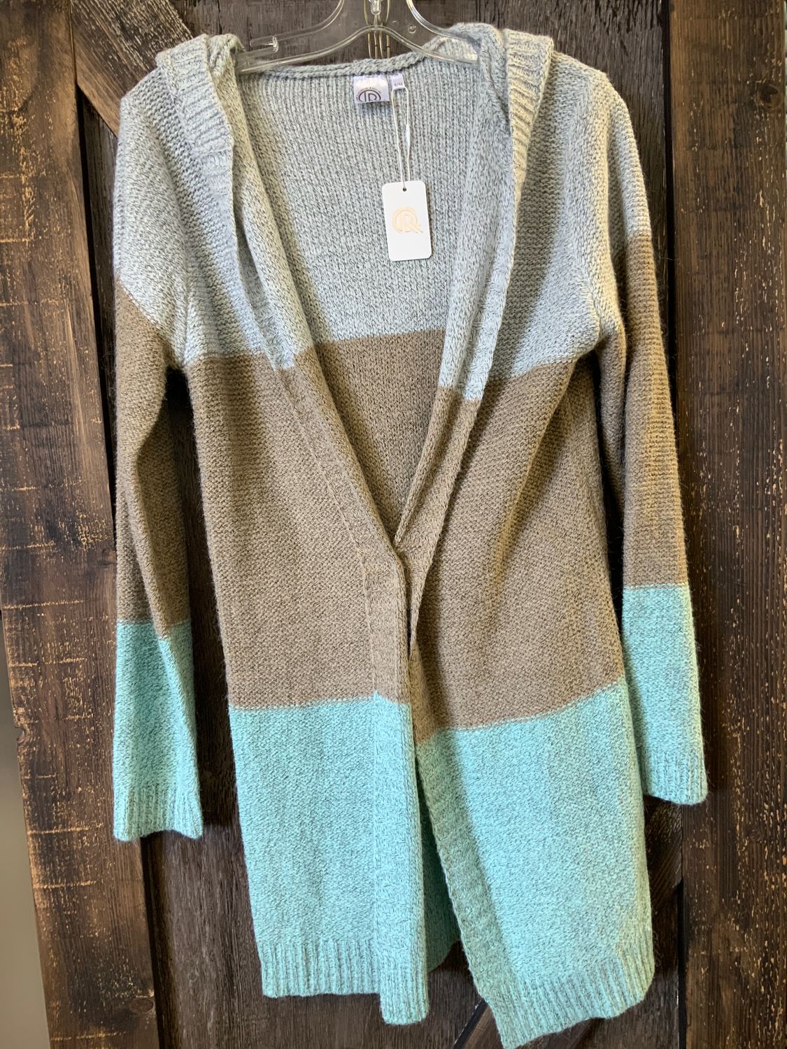 LADIES MULTI COLOR KHAKI/MINT HOODED CARDIGAN, Size: S/M