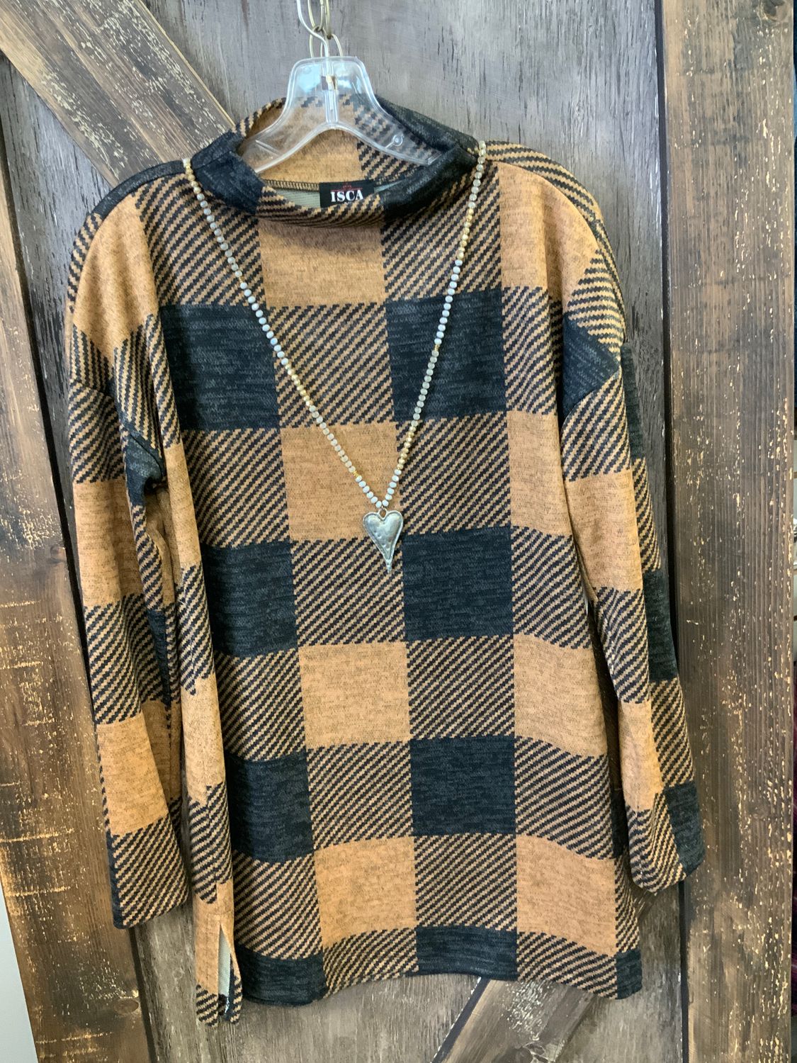 LADIES CARAMELBLACK PLAID L/S HIGH NECK TOP, Size: S
