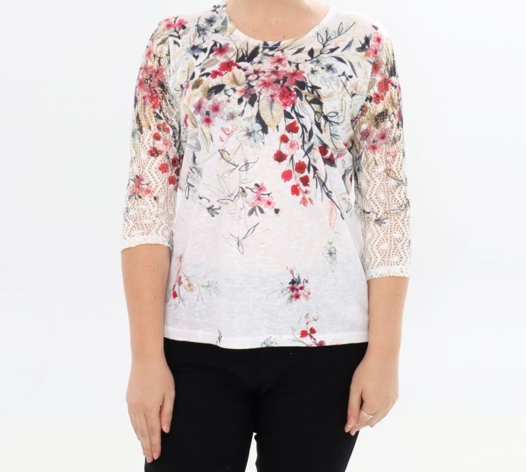 LADIES PRINTED TOP COCHET LACE SLEEVE, Size: Sm