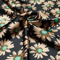 DAISY FLORAL PRINT WITH TURQUOISE ON BLACK WILD RAG, Size: 18 x 18