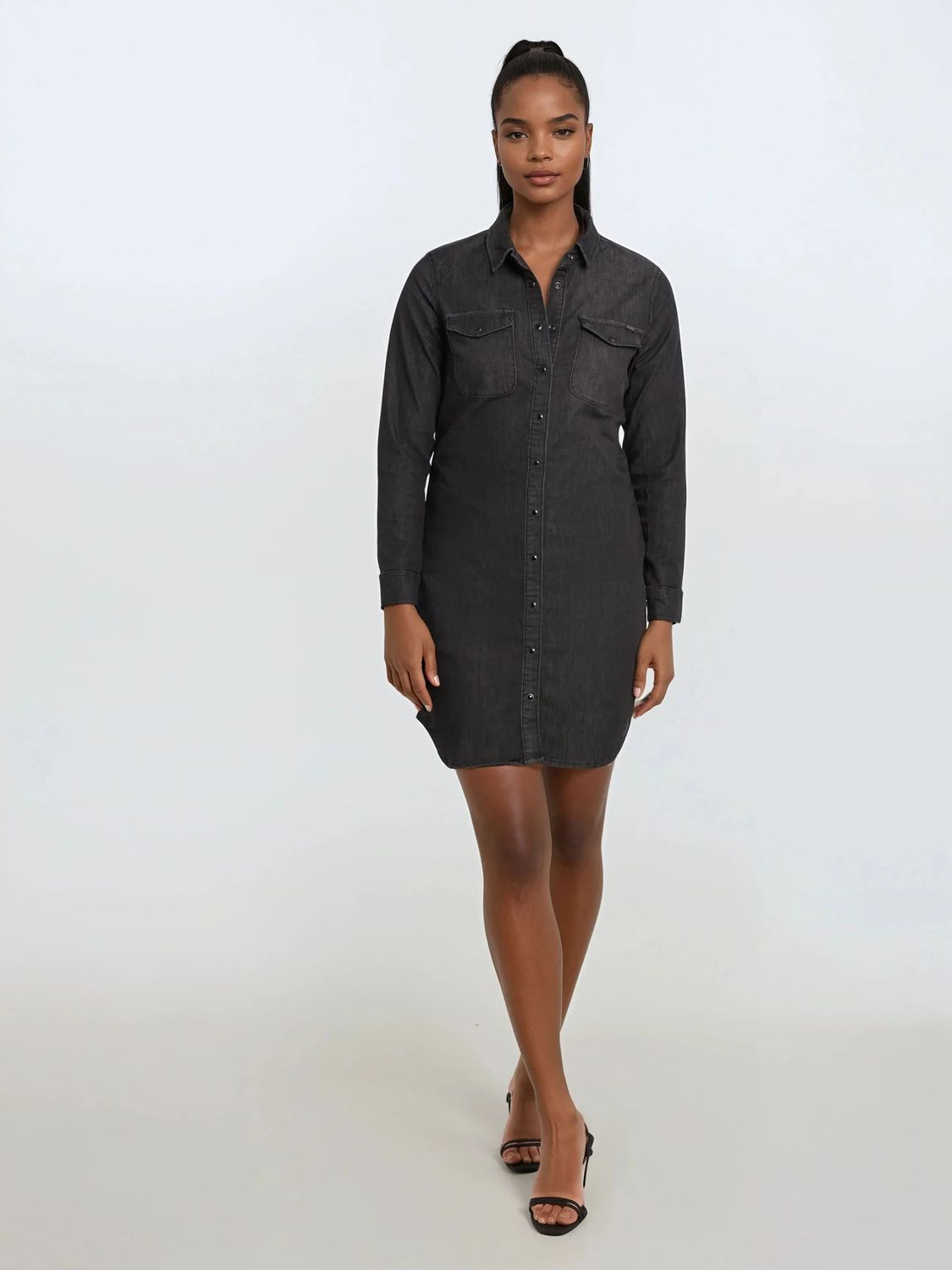 LOIS GIANNA L/S DENIM SHIRT DRESS W/POC, Color: Black, Size: Sm
