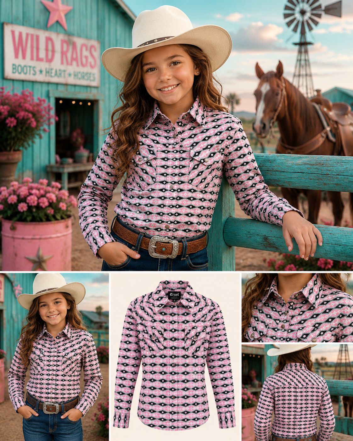 CRUEL GIRL’S L/S PRINT WESTERN SNAP, Color: Pink, Size: Xs