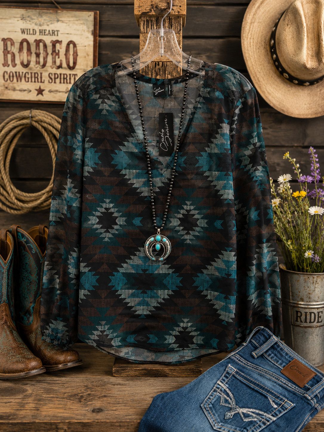 CRUEL DENIM LADIES AZTEC TOP, Color: Grn/Brn, Size: Lrg