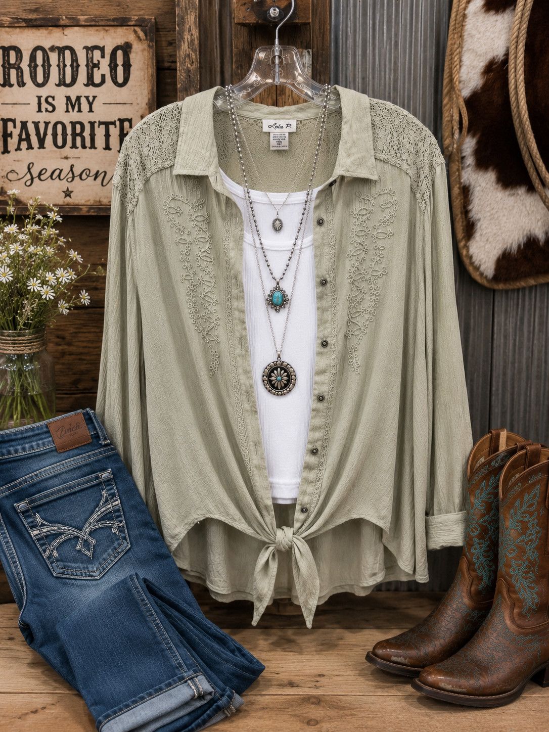 LOLA LS BUTTON UP FRONT TIE TOP, Color: Green, Size: Sm