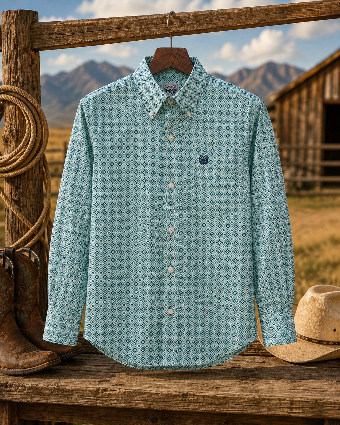 CINCH BOY’S L/S SHIRT, Color: Turq, Size: Xs