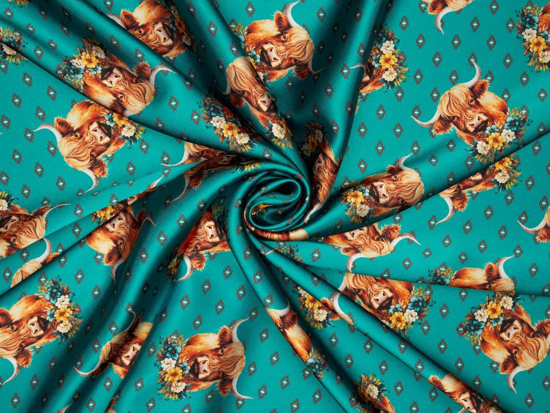 Highland Cow with flowers Wild Rag teal
