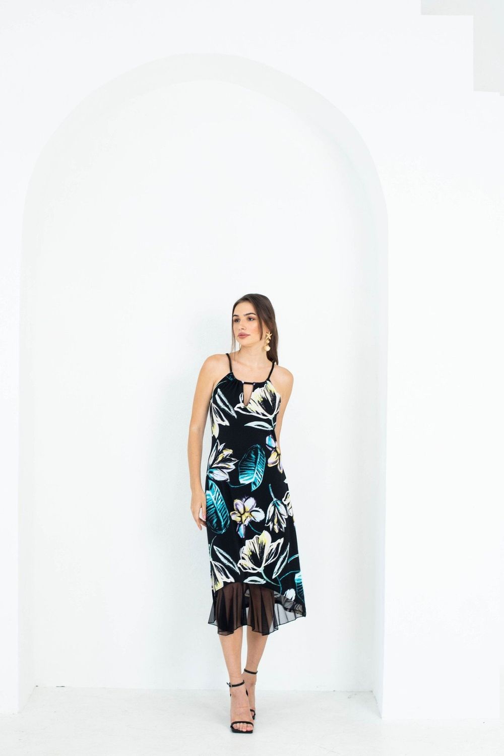 5-6341 sleeveless keyhole print dress w/mesh frill bottom