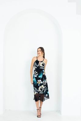5-6341 sleeveless keyhole print dress w/mesh frill bottom