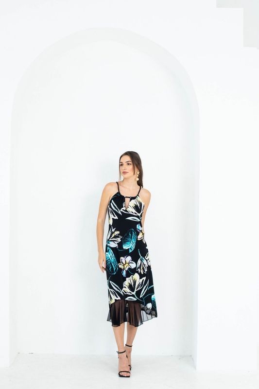 5-6341 sleeveless keyhole print dress w/mesh frill bottom