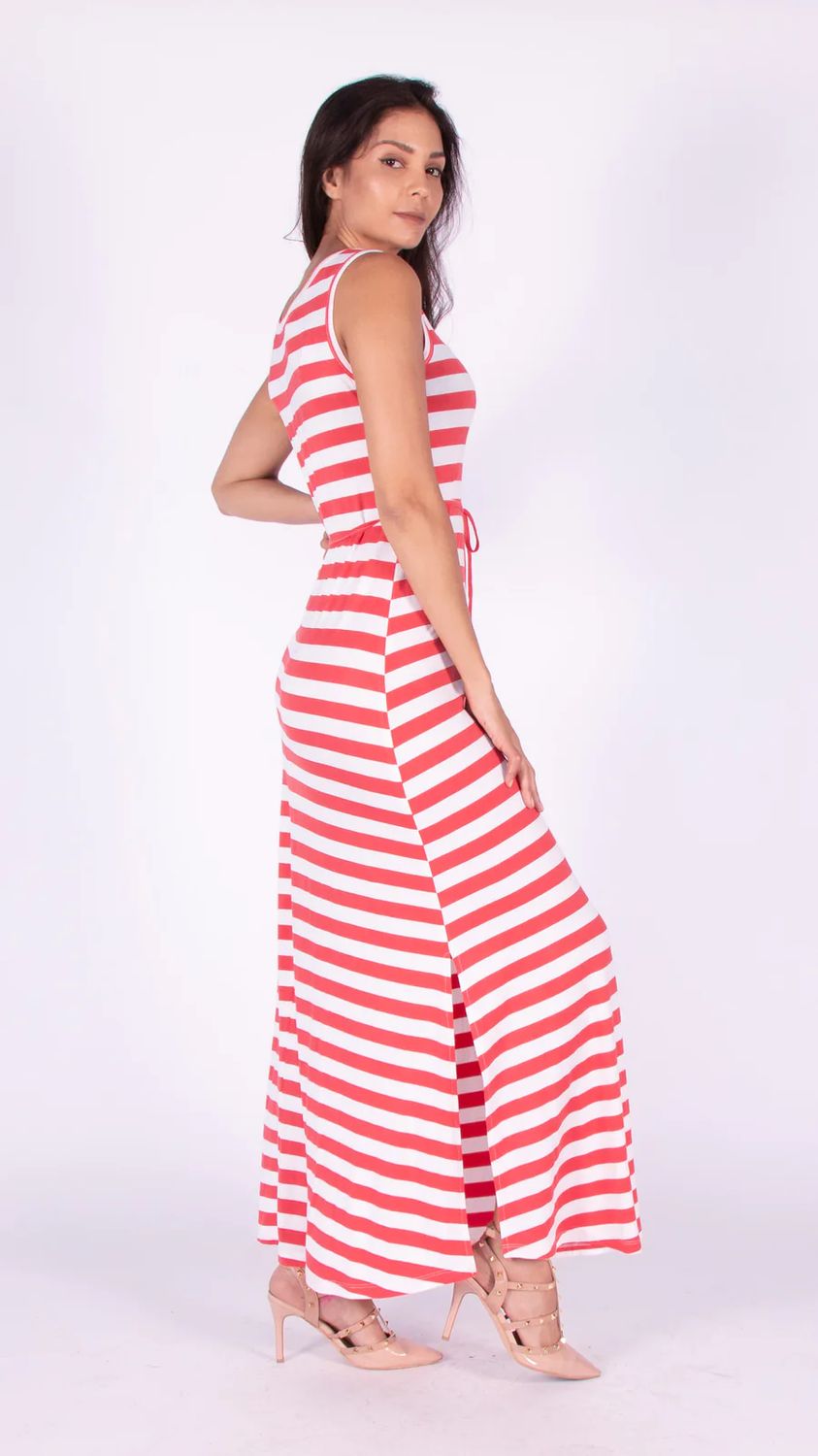 5248-833 sleeveless striped v-neck maxi dress w/side slits