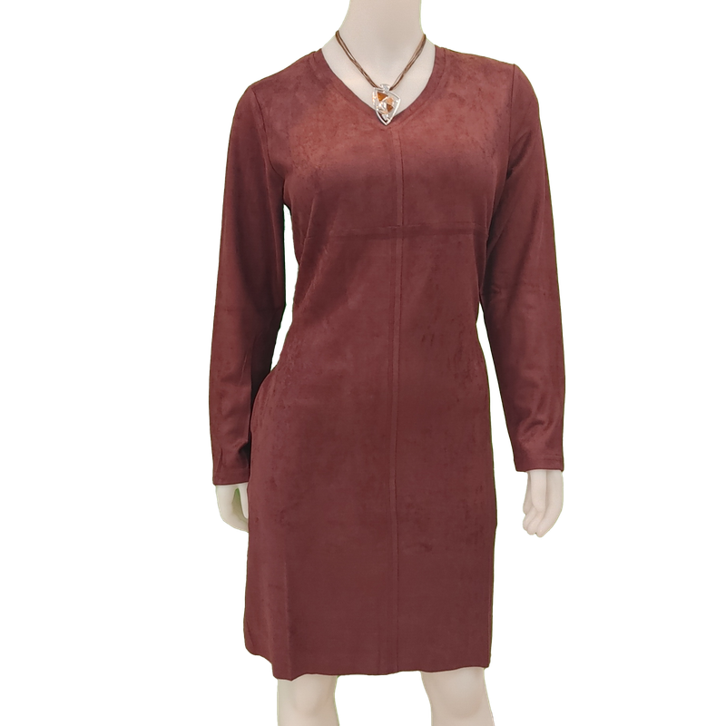 A2059V  l/s v-neck faux suede woven dress w/pockets 