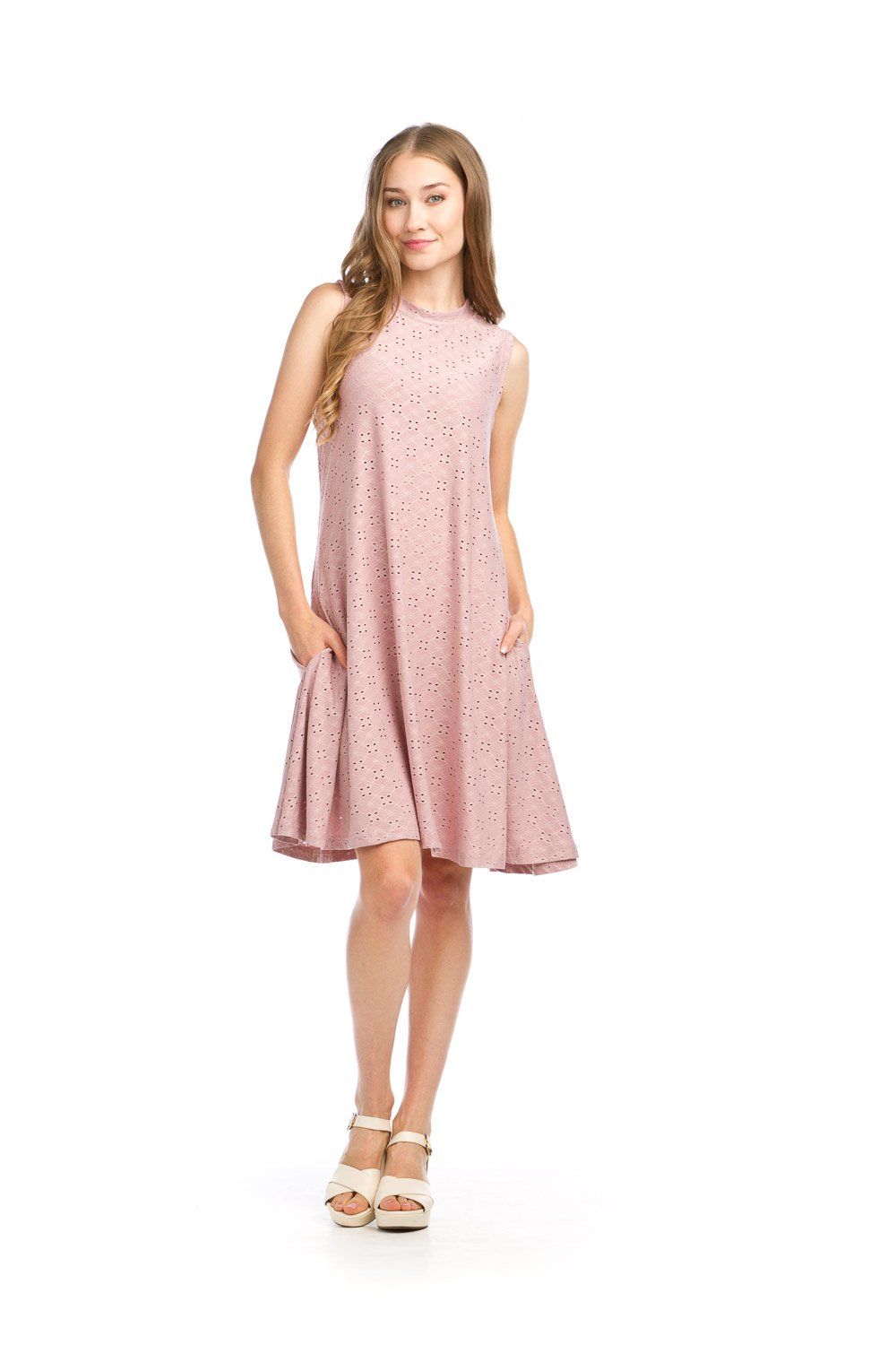 PD-16556 stretch eyelet aline sleeveless dress w/pockets
