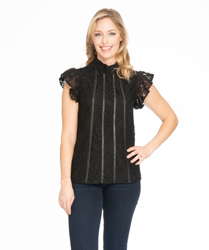 CSTP04465M s/s ladies stretch lace top w/pu trim on front