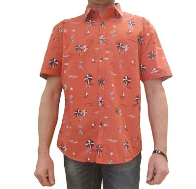 7264410 poly/cotton  palm tree/boat print button shirt