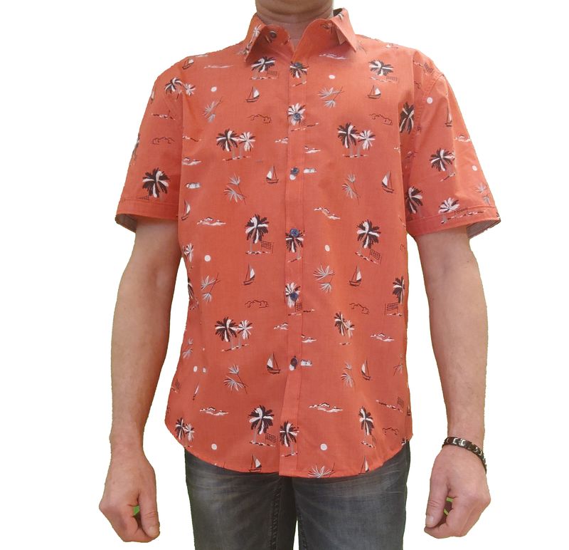 7264410 poly/cotton  palm tree/boat print button shirt