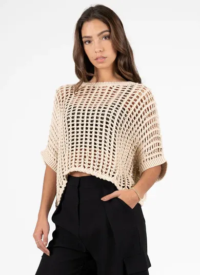 CESWT4301 open knit short cotton sweater