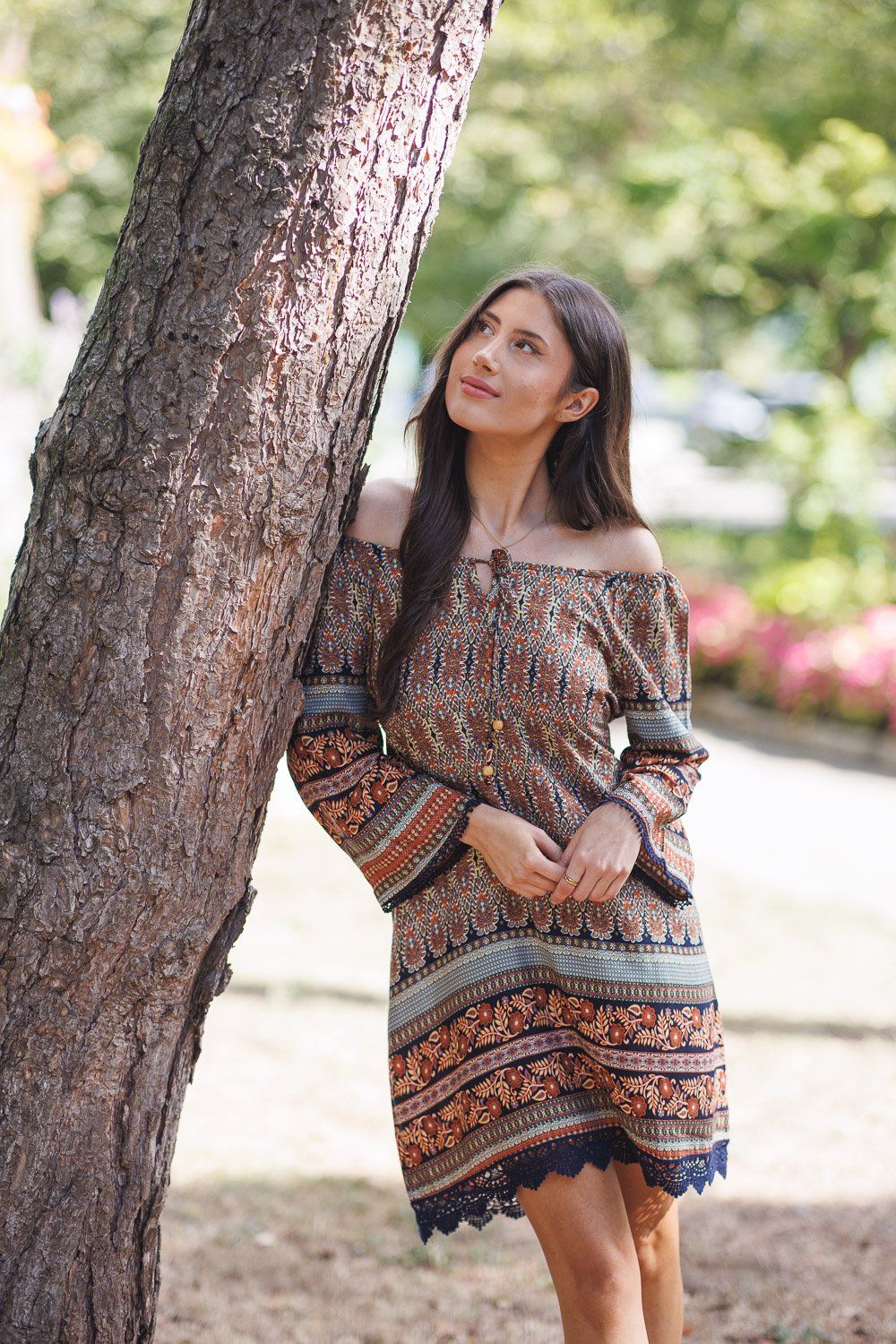 PD-16505 global print off the shoulder 3/4 sleeve dress