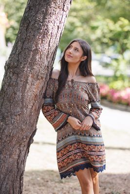 PD-16505 global print off the shoulder 3/4 sleeve dress
