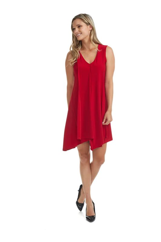 R25506-UNI-RED v-neck sleevelss midi tunic dress