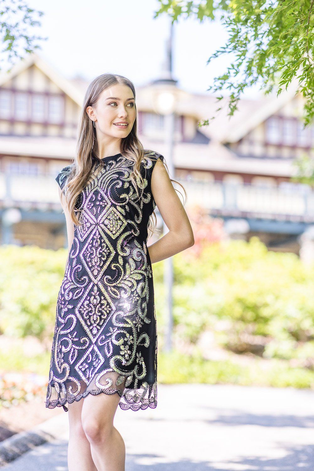 PD-17502 ladies beaded holiday dress w/sequence