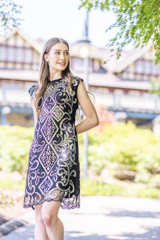 PD-17502 ladies beaded holiday dress w/sequence