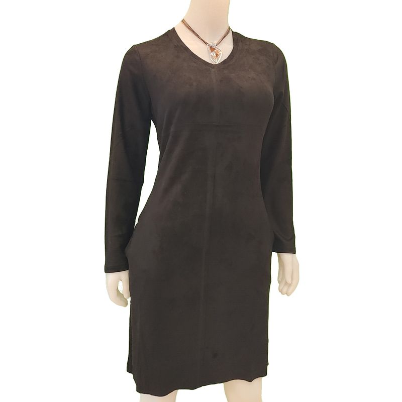 A2059V  l/s v-neck faux suede woven dress 