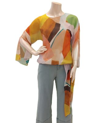 17-7384 3/4 sleeve print blouse w/tie bottom