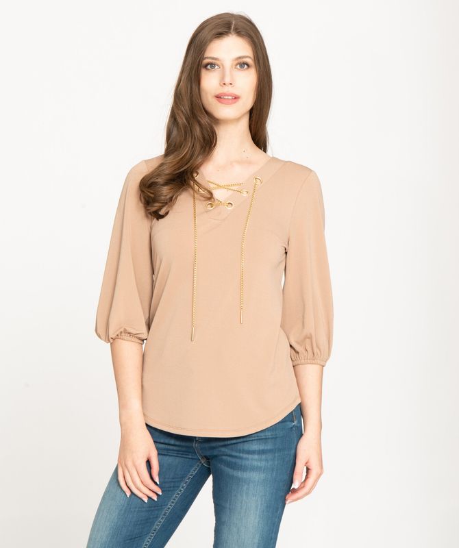 CSTP04217M ladies 3/4 sleeve blouse w/chain link front