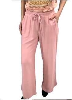 8266003 linen blend wide leg pant w/elastic waist draw string
